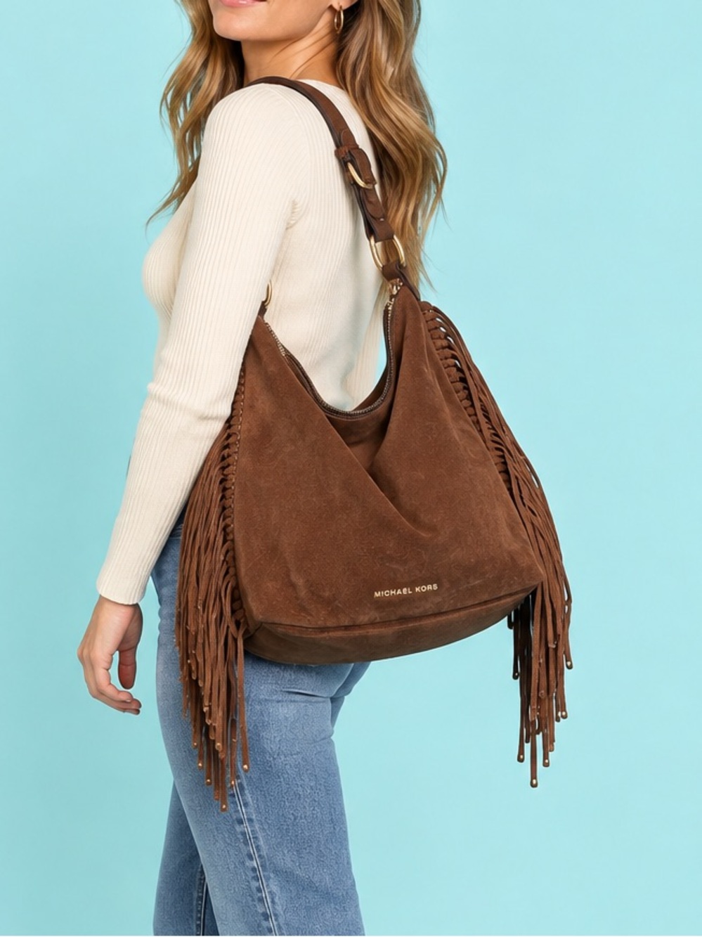 Michael Kors Billy Medium Suede Messenger Bag Brown Fringe